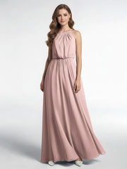 Robe Sexy Maxi Dos Bas en Mousseline à Col Licou Rose Poudré