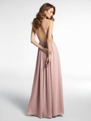 Robe Sexy Maxi Dos Bas en Mousseline à Col Licou Rose Poudré