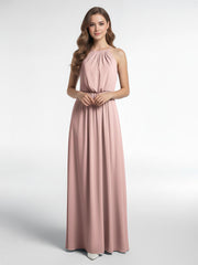 Robe Sexy Maxi Dos Bas en Mousseline à Col Licou Rose Poudré