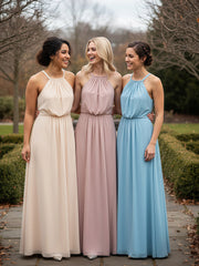 Robe Sexy Maxi Dos Bas en Mousseline à Col Licou Rose Poudré