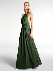 Robe Sexy Maxi Dos Bas en Mousseline à Col Licou Olive Verte