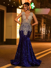 Robe Sirène en Maille Illusion avec Strass et Paillettes Bleu Royale