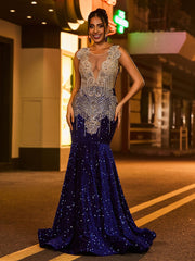 Robe Sirène en Maille Illusion avec Strass et Paillettes Bleu Royale