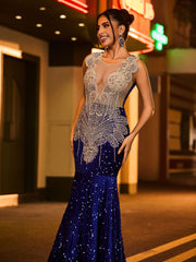 Robe Sirène en Maille Illusion avec Strass et Paillettes Bleu Royale