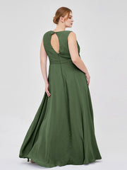 Col en V Mousseline Robe Demoiselle d'honneur avec Jupe Cascade Olive Verte Grande Taille