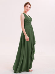 Col en V Mousseline Robe Demoiselle d'honneur avec Jupe Cascade Olive Verte