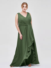 Col en V Mousseline Robe Demoiselle d'honneur avec Jupe Cascade Olive Verte Grande Taille