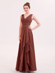 Col en V Mousseline Robe Demoiselle d'honneur avec Jupe Cascade terracotta