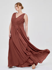 Col en V Mousseline Robe Demoiselle d'honneur avec Jupe Cascade terracotta