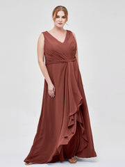 Col en V Mousseline Robe Demoiselle d'honneur avec Jupe Cascade terracotta