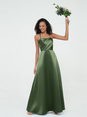 Bretelles Spaghetti Corsage Plissé Robes en Satin Olive Verte