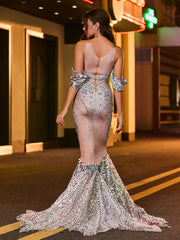Robe de Soirée Sirène Scintillante Recouverte de Strass Argent