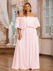 Robe Longue en Mousseline à Hors de l'Épaule avec Volants Rose Pâle Grande Taille