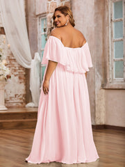 Robe Longue en Mousseline à Hors de l'Épaule avec Volants Rose Pâle Grande Taille