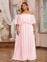 Robe Longue en Mousseline à Hors de l'Épaule avec Volants Rose Pâle Grande Taille