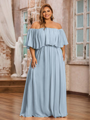 Robe Longue en Mousseline à Hors de l'Épaule avec Volants Bleu Poudré Grande Taille