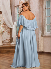 Robe Longue en Mousseline à Hors de l'Épaule avec Volants Bleu Poudré Grande Taille