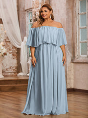 Robe Longue en Mousseline à Hors de l'Épaule avec Volants Bleu Poudré Grande Taille
