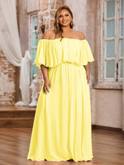 Robe Longue en Mousseline à Hors de l'Épaule avec Volants Citron Grande Taille