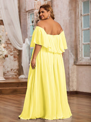 Robe Longue en Mousseline à Hors de l'Épaule avec Volants Citron Grande Taille