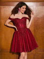 Robe en tulle à corset appliqué et épaules dénudées Bordeaux