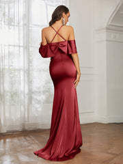 Robe de Bal Sirène en Satin à Décolleté en Cœur Bordeaux