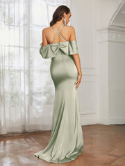 Robe de Bal Sirène en Satin à Décolleté en Cœur Sauge Poudrée
