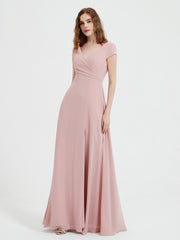 Robe de A-ligne en Mousseline à Col en V avec Fente Rose Poudré Grande Taille