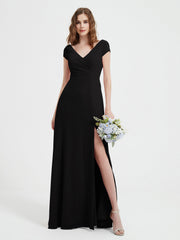 Robe de A-ligne en Mousseline à Col en V avec Fente Noir Grande Taille