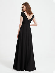 Robe de A-ligne en Mousseline à Col en V avec Fente Noir Grande Taille