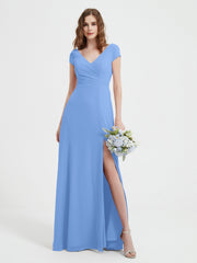 Robe de A-ligne en Mousseline à Col en V avec Fente Bleu Grande Taille