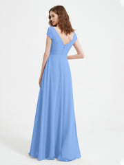 Robe de A-ligne en Mousseline à Col en V avec Fente Bleu