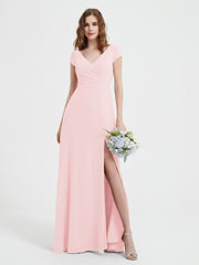 Robe de A-ligne en Mousseline à Col en V avec Fente Rose Pâle Grande Taille
