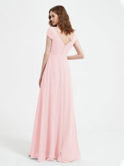 Robe de A-ligne en Mousseline à Col en V avec Fente Rose Pâle