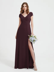 Robe de A-ligne en Mousseline à Col en V avec Fente Cabernet Grande Taille