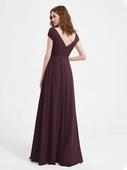 Robe de A-ligne en Mousseline à Col en V avec Fente Cabernet