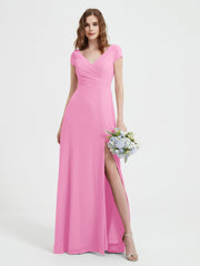 Robe de A-ligne en Mousseline à Col en V avec Fente Rose Bonbon
