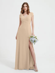 Robe de A-ligne en Mousseline à Col en V avec Fente Champagne Grande Taille