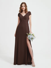 Robe de A-ligne en Mousseline à Col en V avec Fente Chocolat