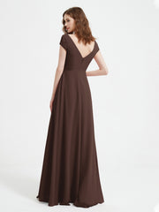 Robe de A-ligne en Mousseline à Col en V avec Fente Chocolat