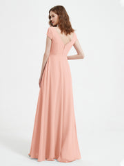 Robe de A-ligne en Mousseline à Col en V avec Fente Corail