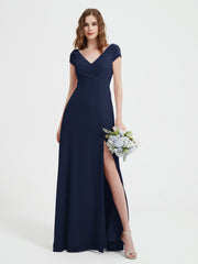 Robe de A-ligne en Mousseline à Col en V avec Fente Bleu Marine Grande Taille