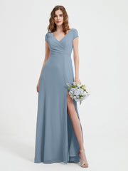 Robe de A-ligne en Mousseline à Col en V avec Fente Bleu Poudré Grande Taille