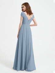 Robe de A-ligne en Mousseline à Col en V avec Fente Bleu Poudré