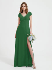 Robe de A-ligne en Mousseline à Col en V avec Fente Emeraude