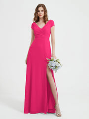Robe de A-ligne en Mousseline à Col en V avec Fente Fuchsia Grande Taille