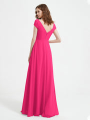 Robe de A-ligne en Mousseline à Col en V avec Fente Fuchsia Grande Taille