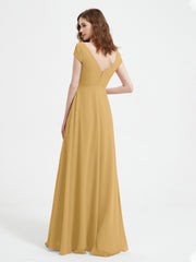 Robe de A-ligne en Mousseline à Col en V avec Fente Or