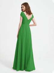 Robe de A-ligne en Mousseline à Col en V avec Fente Vert