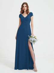 Robe de A-ligne en Mousseline à Col en V avec Fente Bleu Encre Grande Taille